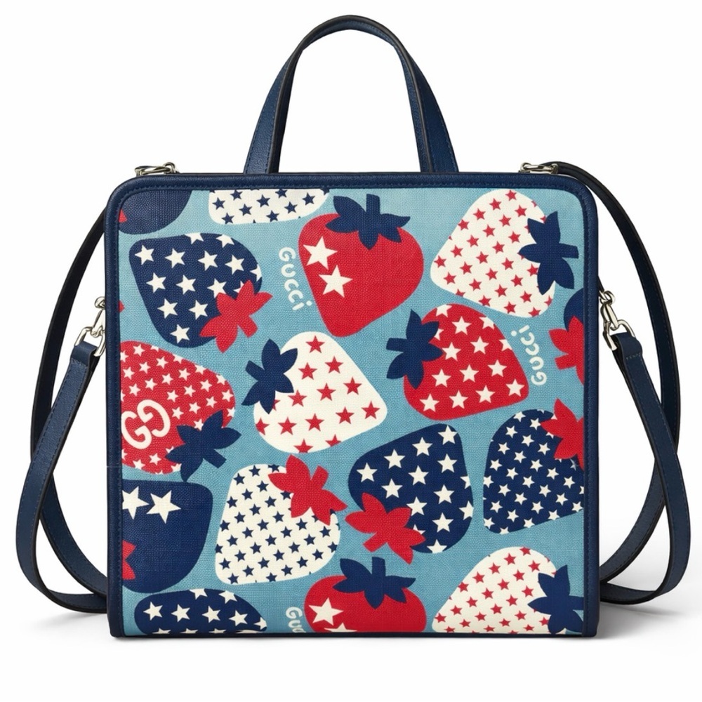 GUCCI Kids Strawberry & Stars Canvas Tote Bag Blue Italy 605614 Shoulder Strap - Picture 2 of 16